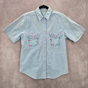 Blue Button Up Floral Embroidered Short Sleeve Vintage Y2K Short Top M Medium